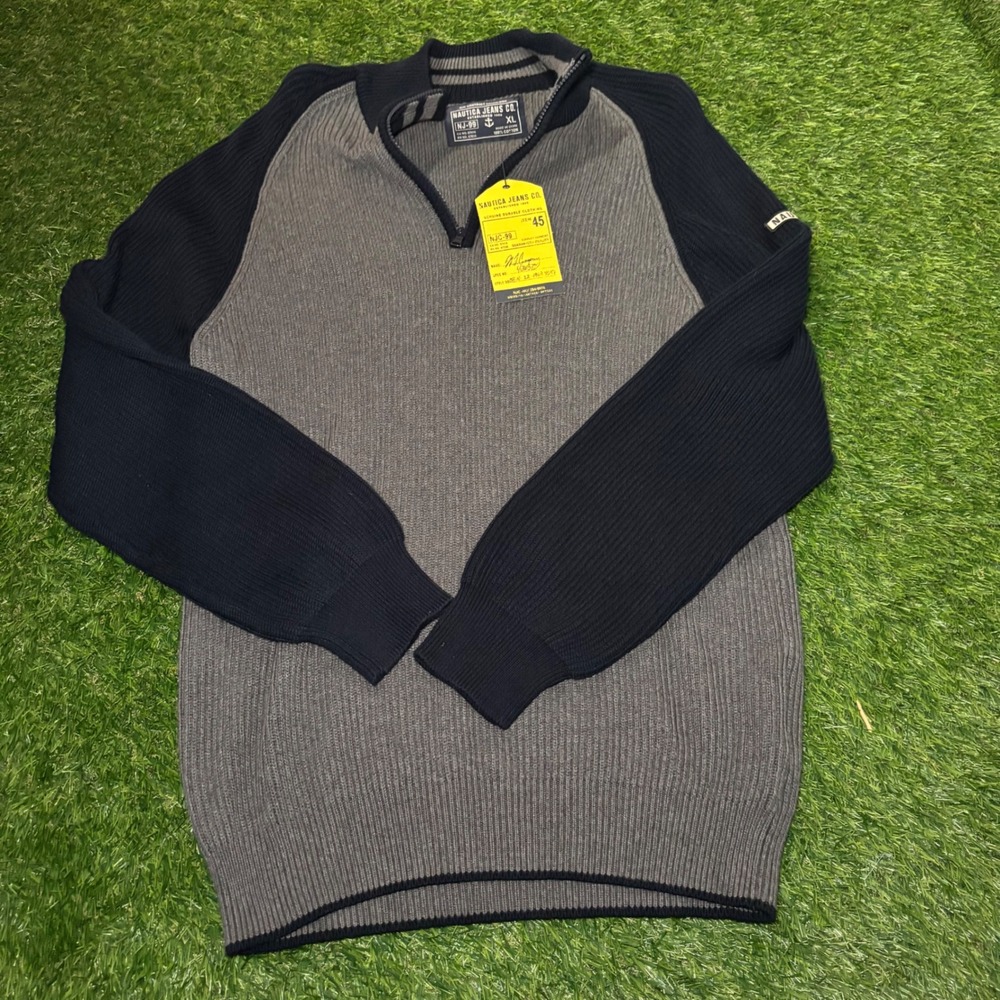 Nautica Jeans Co Mens XL Quarter Zip Ribbed Sweater Graphite Navy 1S3208 NJC-99